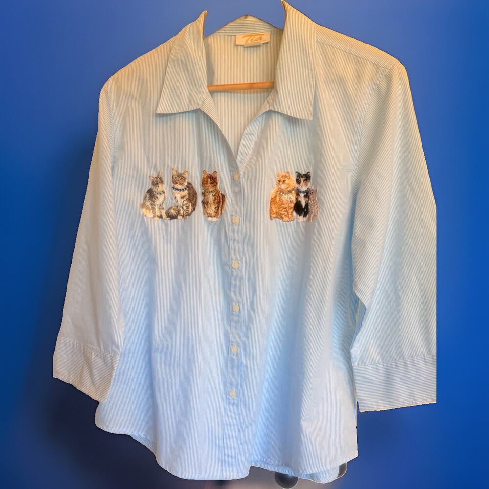 Tia Vintage Cat Lover Embroidered Striped Button-Down Blouse - Size L